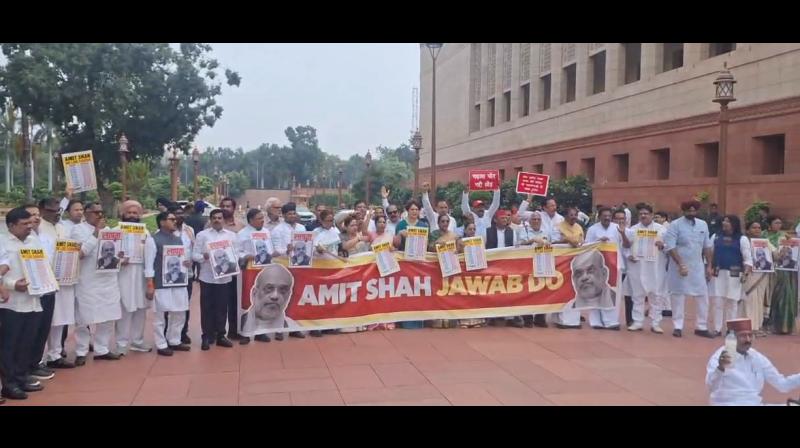 संसद परिसर में विपक्षी सांसदों ने किया विरोध प्रदर्शन, अमित शाह से संसद परिसर में विपक्षी सांसदों ने किया विरोध प्रदर्शन, अमित शाह से
