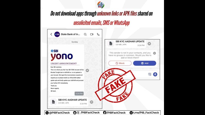 ‘SBI योनो’ ऐप के नाम पर फर्जी मैसेज वायरल, एपीके फाइल डाउनलोड न करने की चेतावनी ‘SBI योनो’ ऐप के नाम पर फर्जी मैसेज वायरल, एपीके फाइल डाउनलोड न करने की चेतावनी